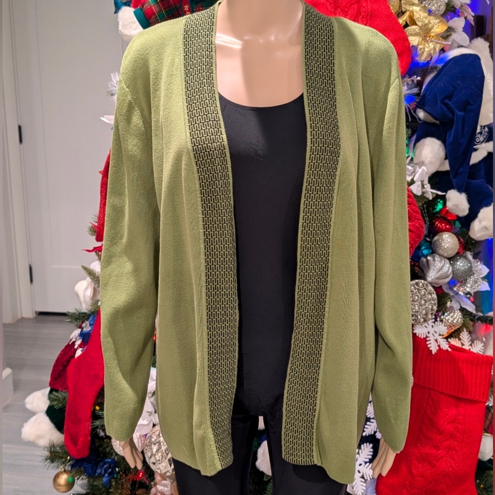 Hampshire Studio Olive Green Open-Front Cardigan Cotton Size L Black Trim